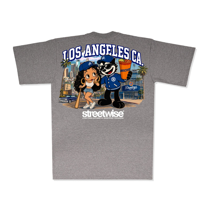 Load image into Gallery viewer, A heather gray short-sleeve t-shirt with a large graphic print on the back. The graphic features the text 'LOS ANGELES CA.
