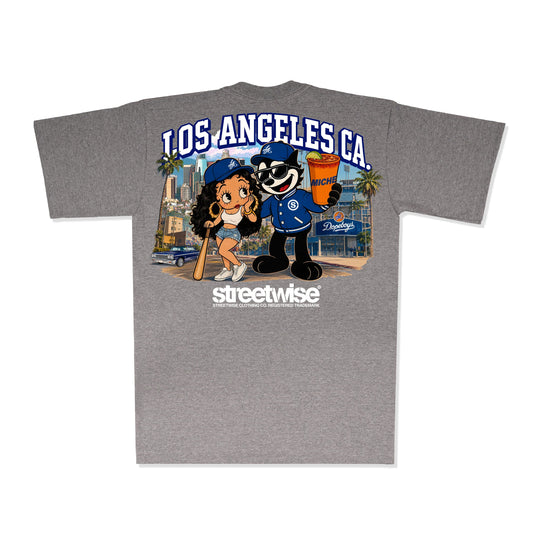 A heather gray short-sleeve t-shirt with a large graphic print on the back. The graphic features the text 'LOS ANGELES CA.
