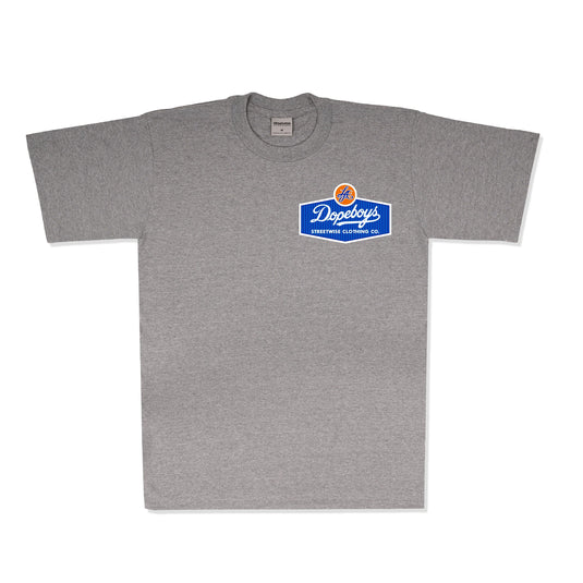 A heather gray short-sleeve t-shirt with a blue and orange 'Dopeboy's' logo printed on the left chest, displayed flat against a white background.