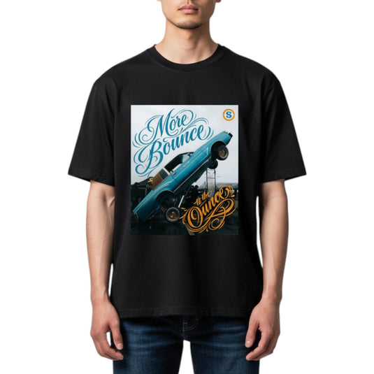 Person wearing a black t-shirt with a graphic design of a car and text on a white background