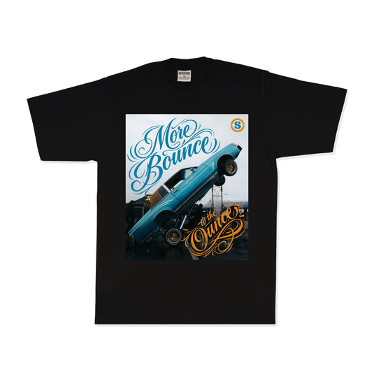 Black t-shirt with a graphic of a blue car and text on a white background