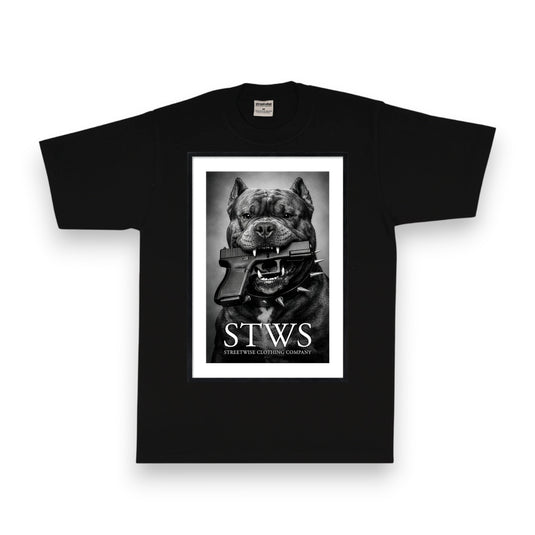 Black t-shirt with a graphic of a dog and 'STWS' text on a white background