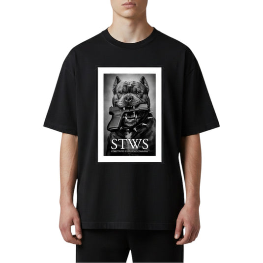 Black t-shirt with a graphic of a dog and 'STWS' text on a white background
