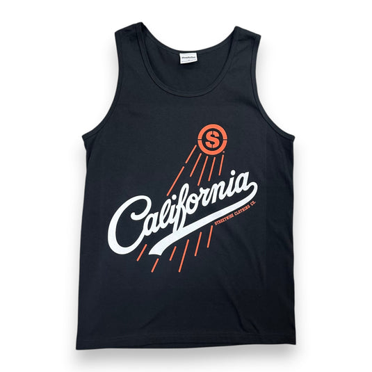A black sleeveless tank top featuring a retro-style graphic on the front with the word 'California' in white script, an orange circular 'S' logo above it, and orange radiating lines, shown on a plain white background.
