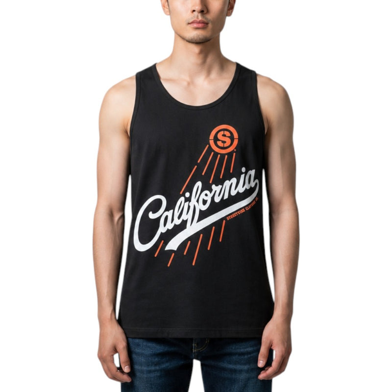 Load image into Gallery viewer, A man wearing a black sleeveless tank top with a white and orange retro-style 'California' graphic on the front, paired with blue jeans, against a plain white background.
