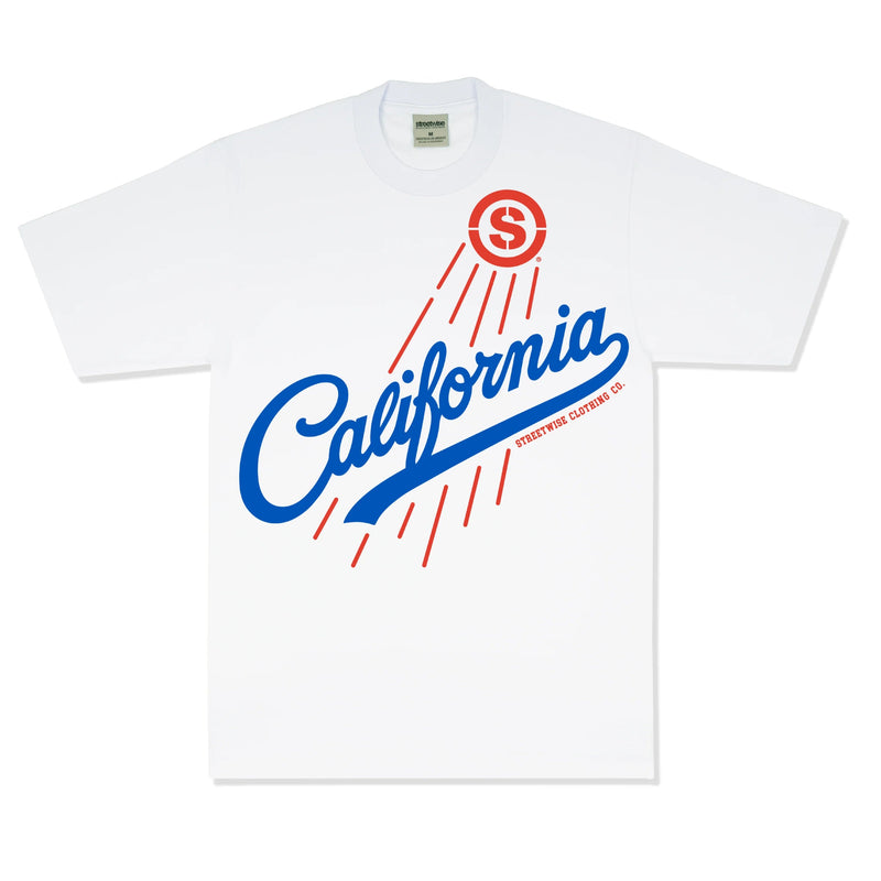 Load image into Gallery viewer, A white short-sleeve t-shirt with a graphic print on the front. The design features the word 'California' in a blue cursive script with red sun rays emanating from a red circular 'S' logo above it, and 'Streetwise Clothging Co.' printed in small red text below the main graphic.
