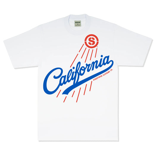 A white short-sleeve t-shirt with a graphic print on the front. The design features the word 'California' in a blue cursive script with red sun rays emanating from a red circular 'S' logo above it, and 'Streetwise Clothging Co.' printed in small red text below the main graphic.