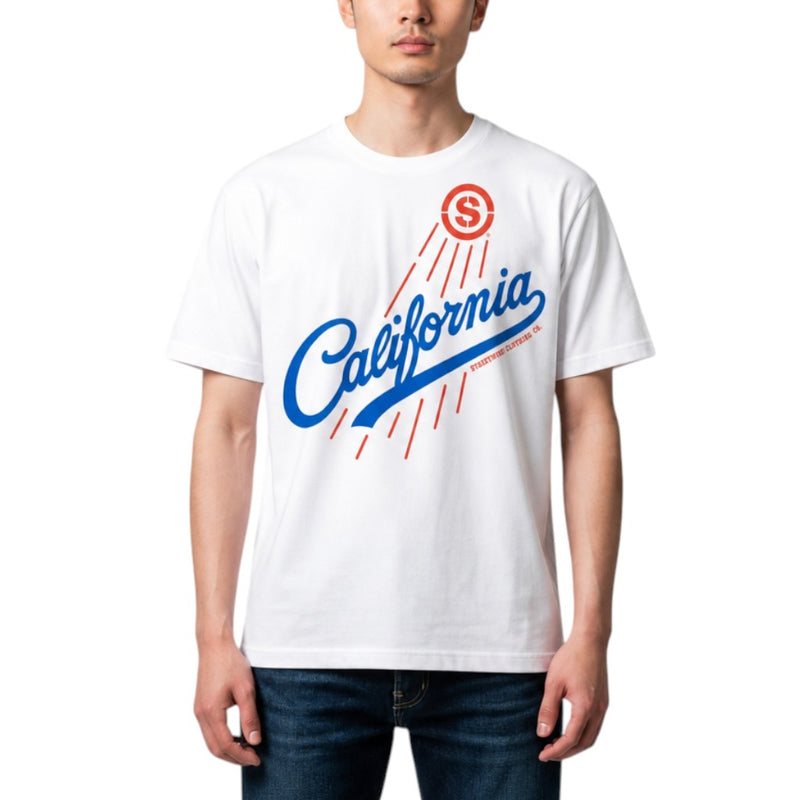 Load image into Gallery viewer, A man wearing a white short-sleeve t-shirt with a blue and red 'California' graphic on the front, paired with dark blue jeans, against a plain white background.
