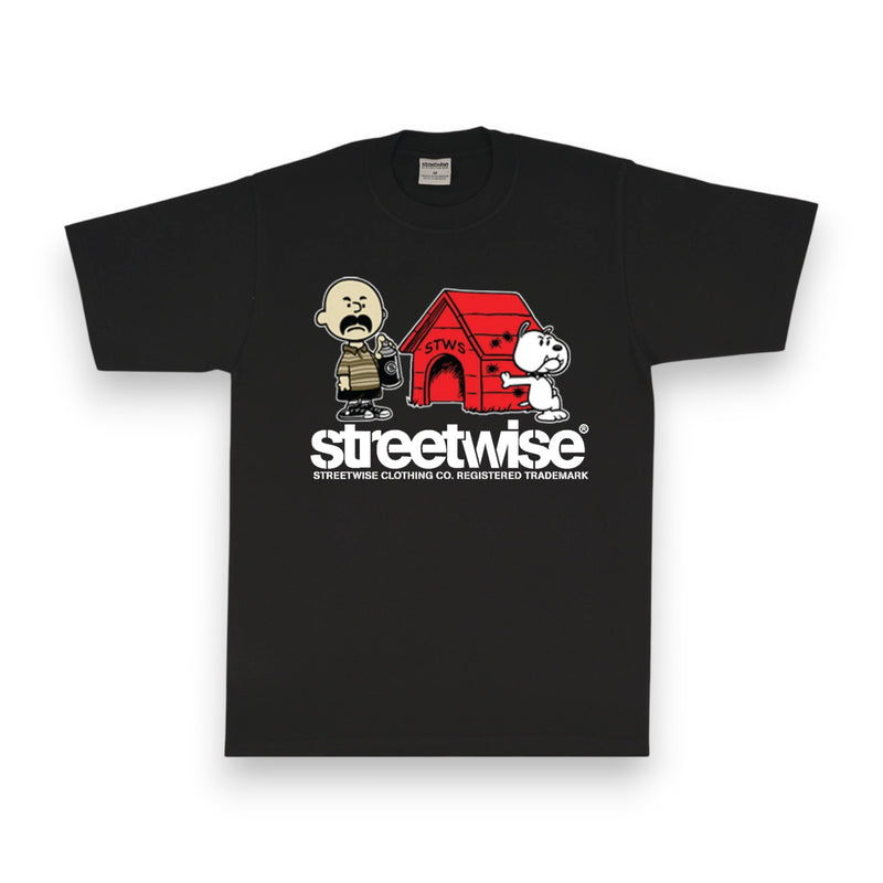 Load image into Gallery viewer, Black t-shirt with cartoon character and 'streetwise' logo on a white background
