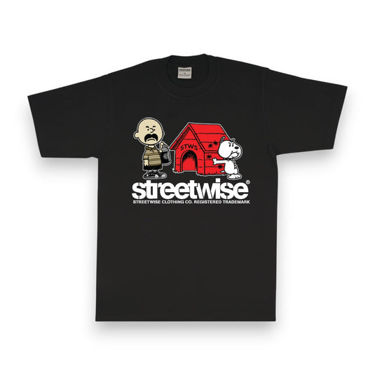 Black t-shirt with cartoon character and 'streetwise' logo on a white background