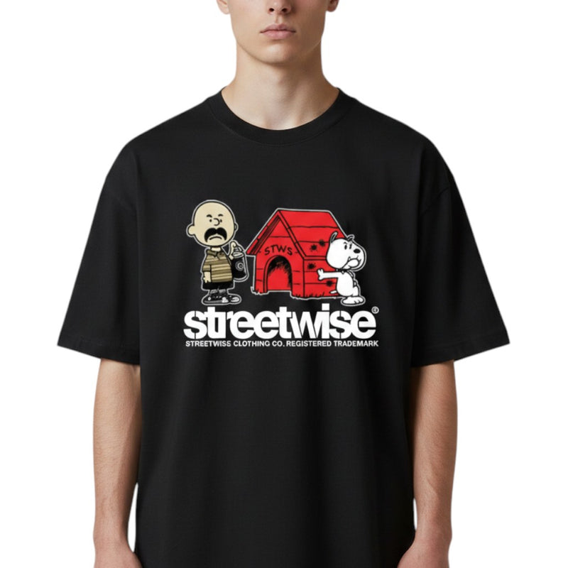 Load image into Gallery viewer, Black t-shirt with cartoon characters and 'streetwise' branding on a white background
