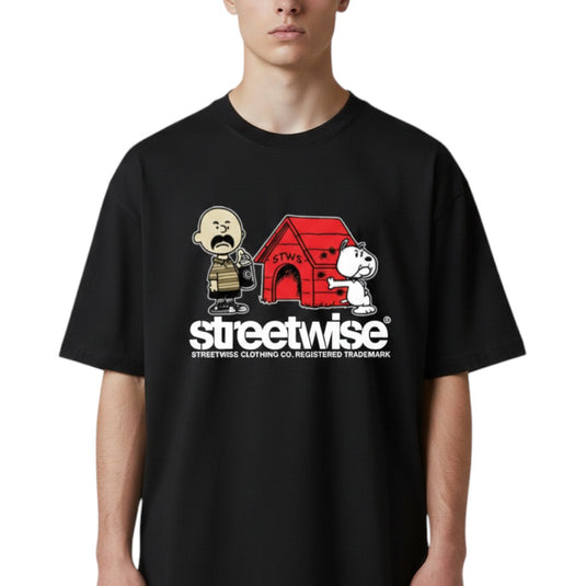 Black t-shirt with cartoon characters and 'streetwise' branding on a white background