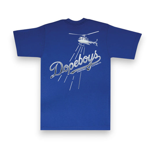 Blue t-shirt with 'Dopeboys' logo and helicopter graphic on a white background