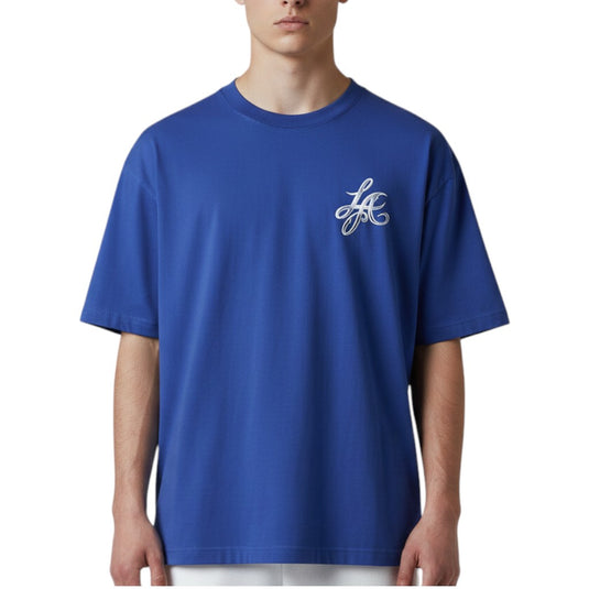 Person wearing a blue t-shirt with a logo on a white background