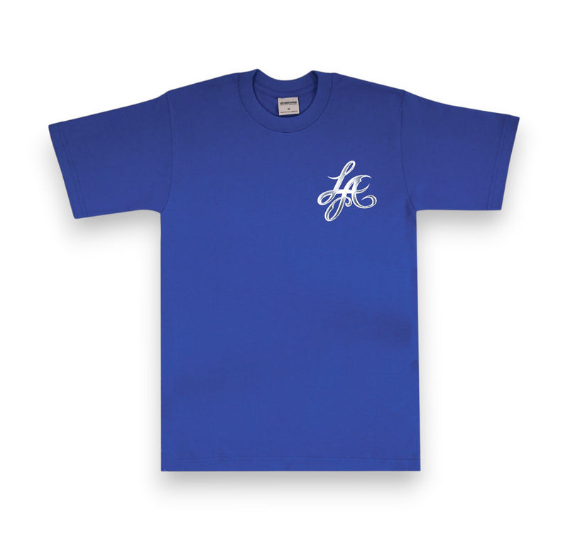 Load image into Gallery viewer, Blue t-shirt with a white logo on a white background
