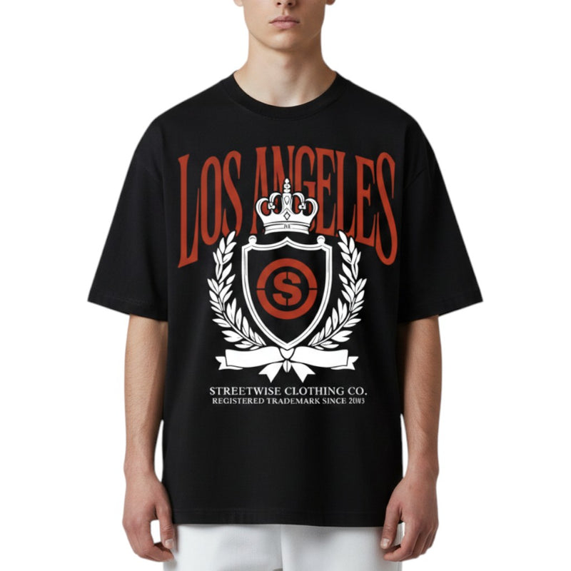 Load image into Gallery viewer, Black shirt with 'Los Angeles' and a Streetwise logo on a white background
