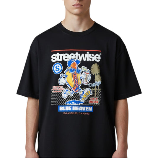 Black t-shirt with colorful graphic design and text on a white background