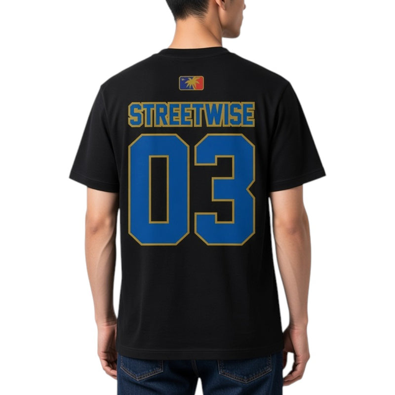 Load image into Gallery viewer, A man wearing a black t-shirt from the back, featuring 'STREETWISE' and the number '03' printed in blue with gold outlines, on a white background.
