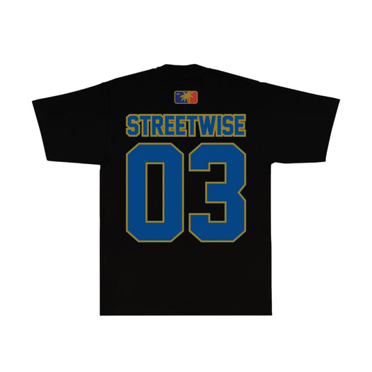 A black short-sleeve t-shirt shown flat against a white background, featuring the name 'STREETWISE' and number '03' printed on the back in blue with a gold outline.