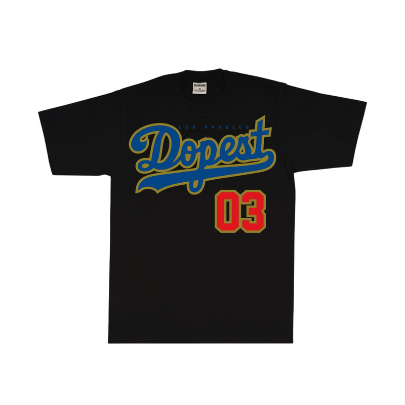 Load image into Gallery viewer, A black short-sleeve t-shirt with a graphic on the front featuring the word 'Dopest' in blue and yellow script, with 'Los Angeles' printed above it and the number '03' in red and yellow below.
