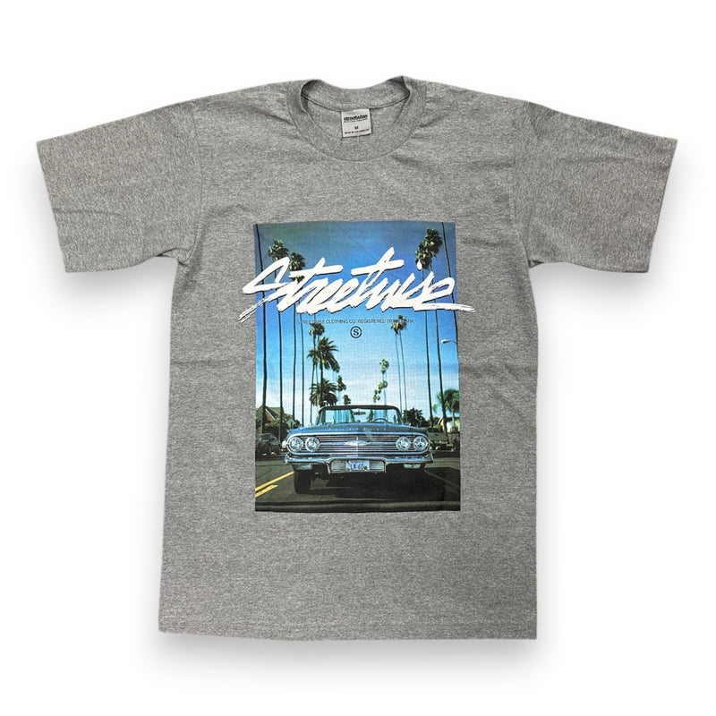 Load image into Gallery viewer, Gray t-shirt with a graphic of a car and palm trees on a white background
