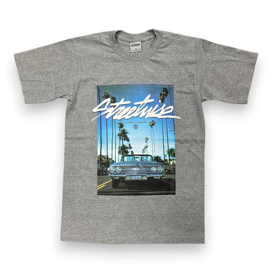 Gray t-shirt with a graphic of a car and palm trees on a white background