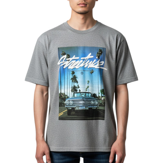 Person wearing a gray t-shirt with a graphic of a classic car and palm trees.
