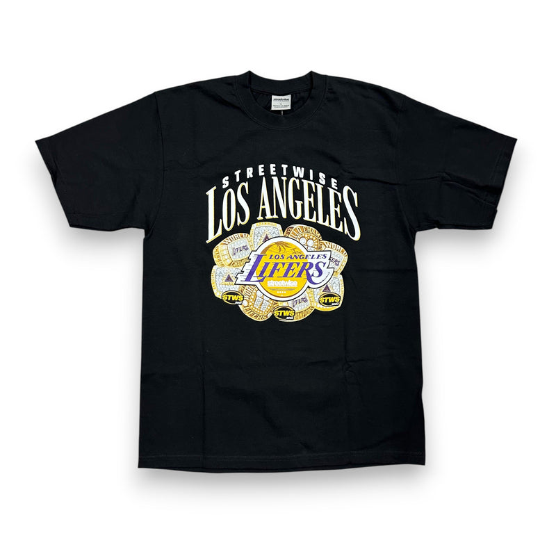 Load image into Gallery viewer, Black t-shirt with 'Los Angeles Lakers' logo on a white background
