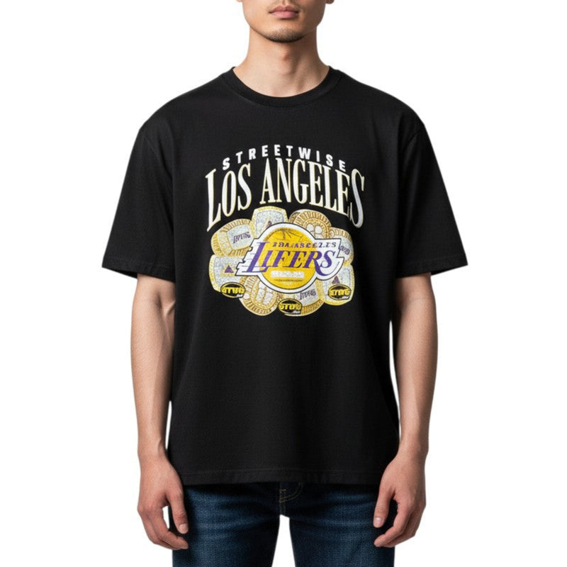 Load image into Gallery viewer, Person wearing a black t-shirt with 'Los Angeles Lakers' logo on a white background
