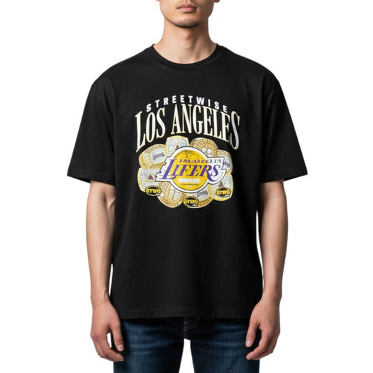 Person wearing a black t-shirt with 'Los Angeles Lakers' logo on a white background