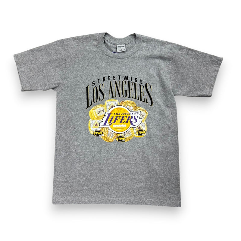 Load image into Gallery viewer, Gray t-shirt with 'Los Angeles Lifers' graphic on a white background
