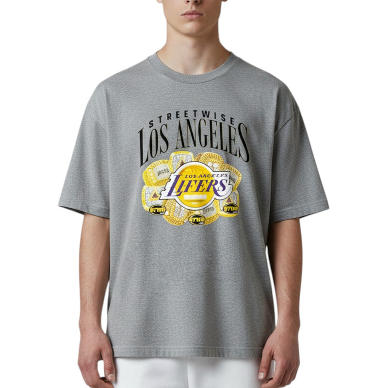 Load image into Gallery viewer, Person wearing a gray t-shirt with 'Los Angeles Lifers' logo on a white background
