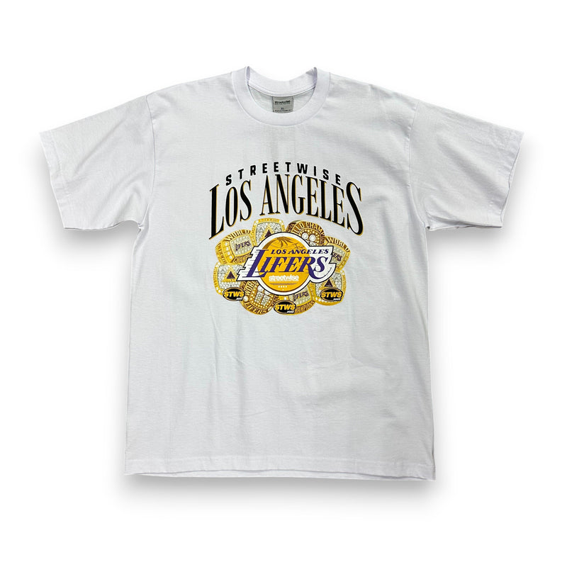 Load image into Gallery viewer, White t-shirt with Los Angeles Lakers logo on a white background
