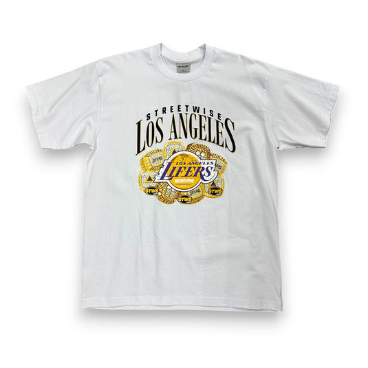 White t-shirt with Los Angeles Lakers logo on a white background