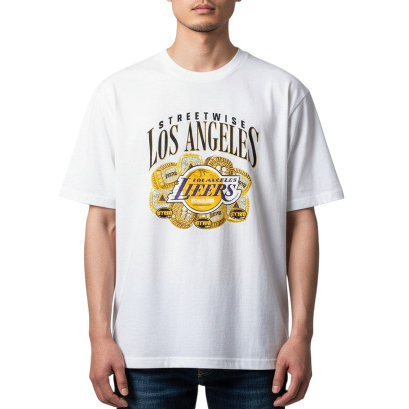Load image into Gallery viewer, Person wearing a white t-shirt with 'Los Angeles Lakers' logo on a white background
