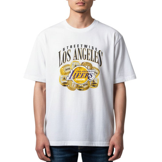 Person wearing a white t-shirt with 'Los Angeles Lakers' logo on a white background