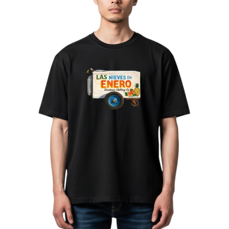 Load image into Gallery viewer, Person wearing a black t-shirt with a colorful graphic design on a white background
