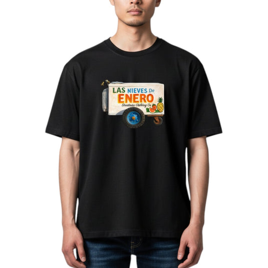 Person wearing a black t-shirt with a colorful graphic design on a white background