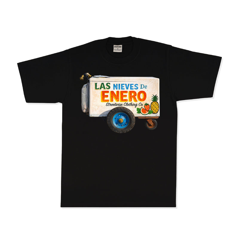 Load image into Gallery viewer, Black t-shirt with colorful graphic design on a white background
