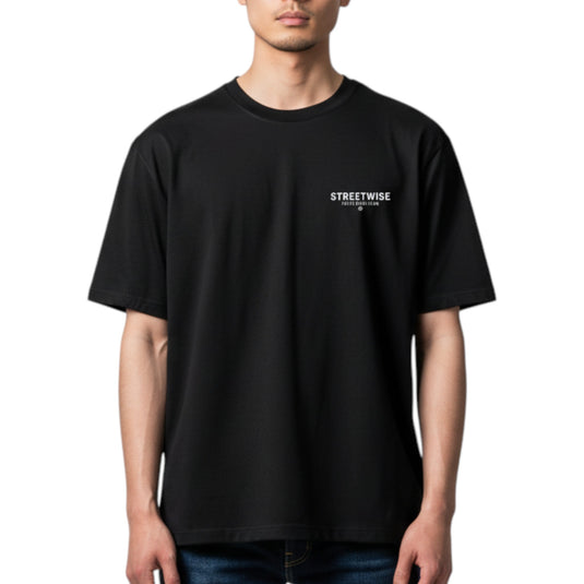Person wearing a black t-shirt with 'Streetwise' logo on a white background