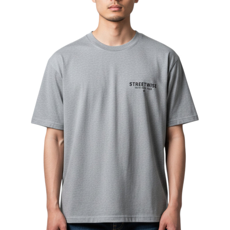 Load image into Gallery viewer, Person wearing a gray t-shirt with 'STREETWISE' text on a white background

