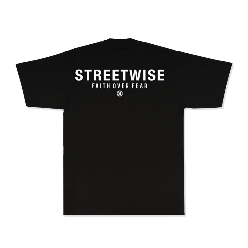 Load image into Gallery viewer, Black t-shirt with 'Streetwise Faith Over Fear' text on a white background
