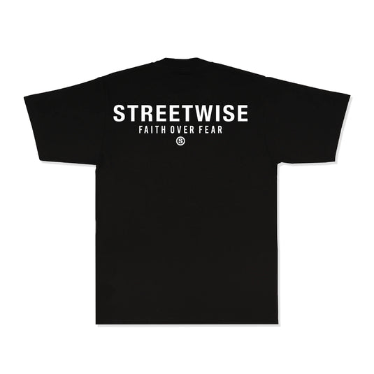 Black t-shirt with 'Streetwise Faith Over Fear' text on a white background