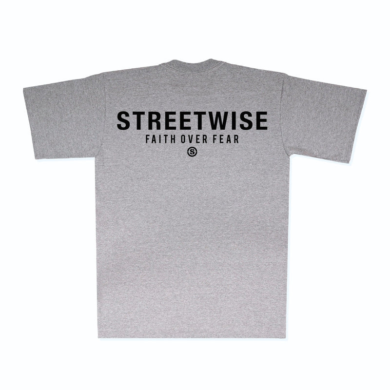 Load image into Gallery viewer, Gray t-shirt with 'Streetwise Faith Over Fear' text on a white background
