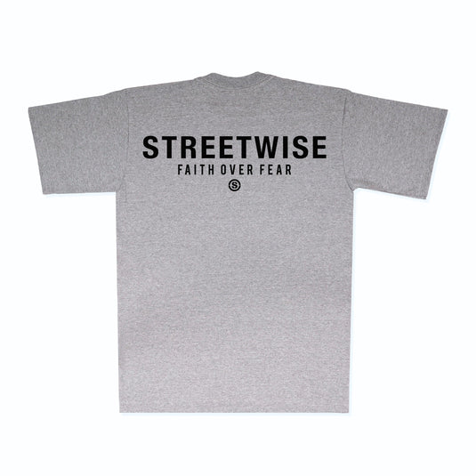 Gray t-shirt with 'Streetwise Faith Over Fear' text on a white background