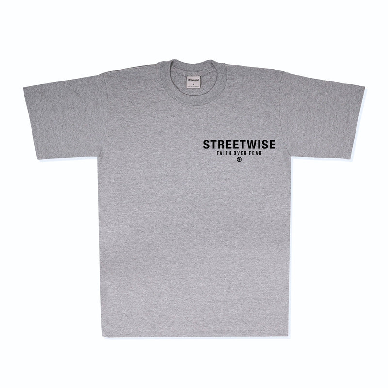 Load image into Gallery viewer, Gray t-shirt with 'Streetwise Faith Over Fear' text on a white background
