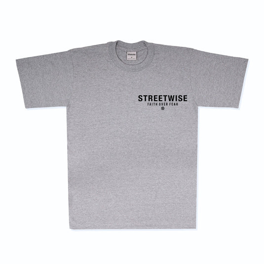 Gray t-shirt with 'Streetwise Faith Over Fear' text on a white background