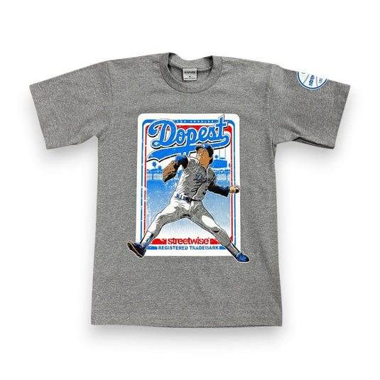 Gray t-shirt with a graphic of a baseball player and 'Dopest' text on a white background