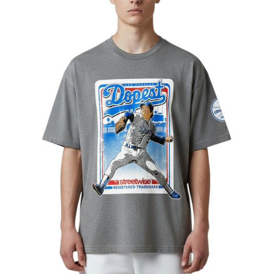 Gray t-shirt with a baseball player graphic and 'Dopest' text on a white background
