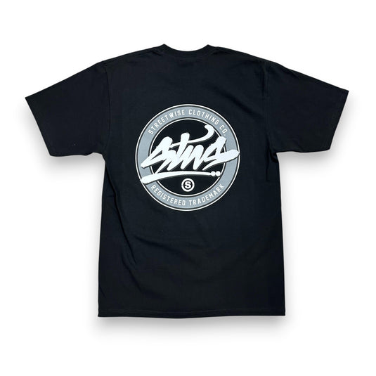 Black t-shirt with a 'STWS' logo graphic on a white background